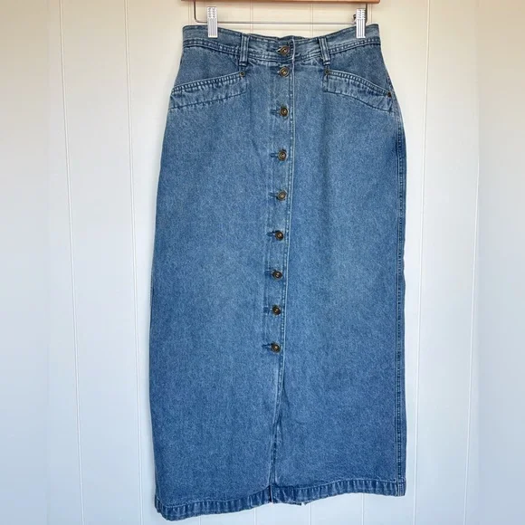 Vintage Long Denim Maxi Midi Button-Front Skirt 100% cotton Women’s 14” waist - Picture 3 of 10